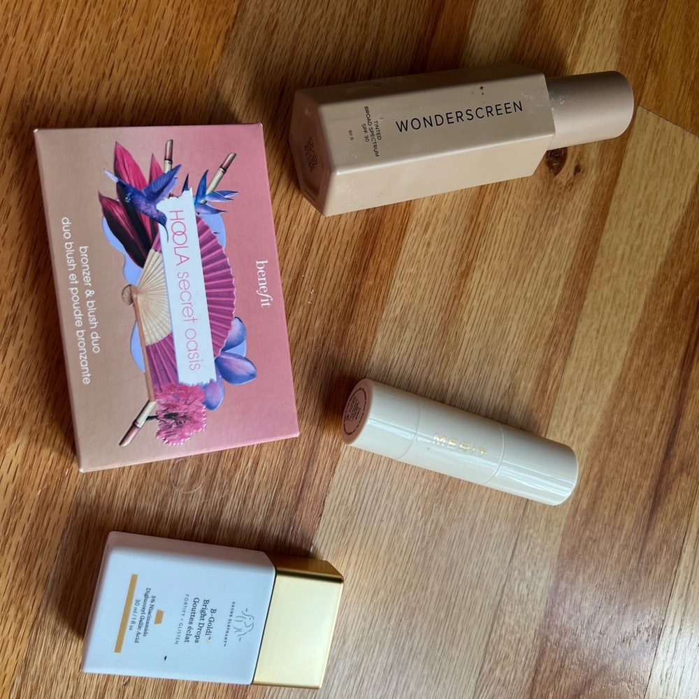 Drunk elephant, benefit, Merit and dime makeup